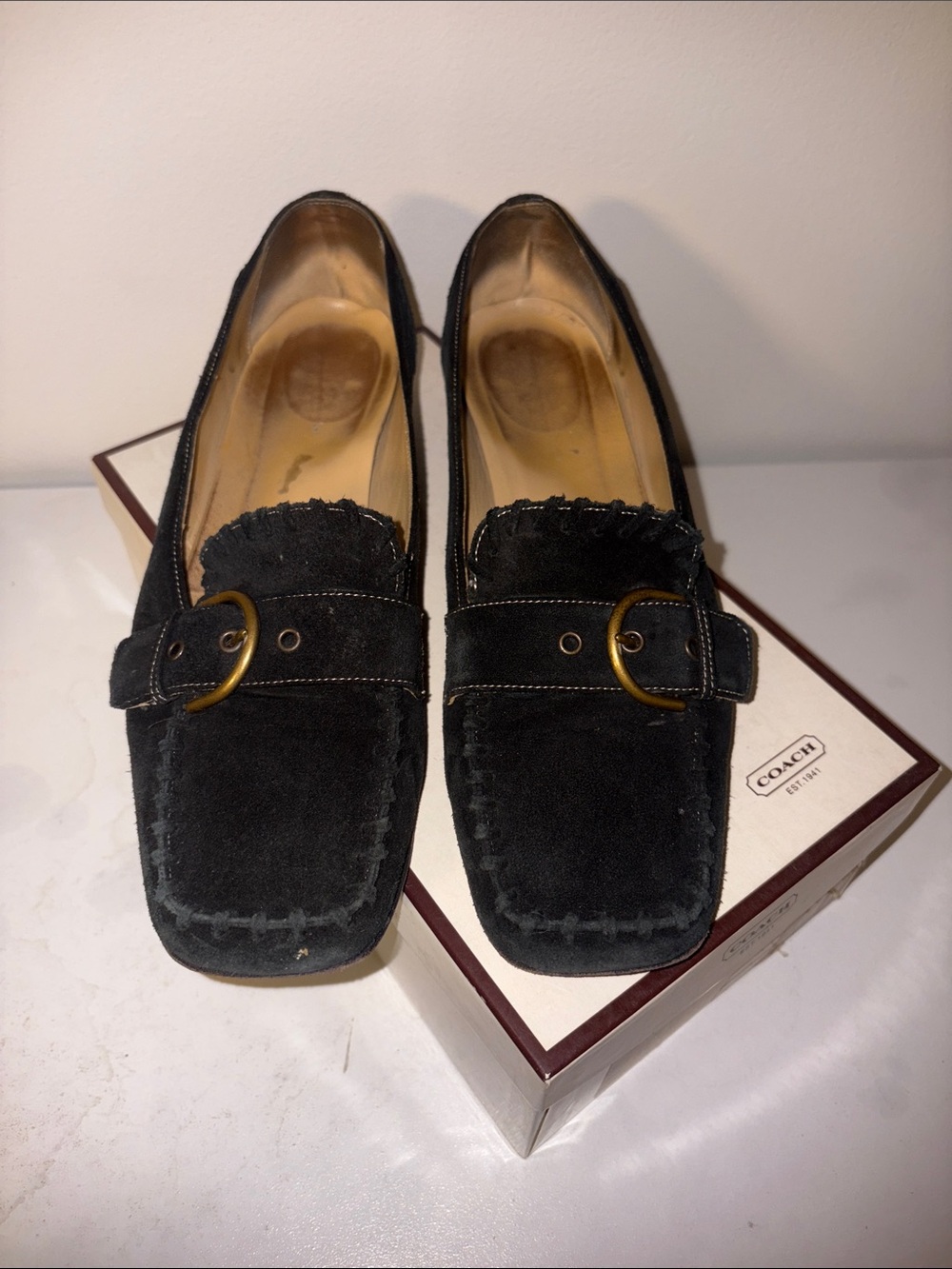 Coach Black Suede Loafers with Brass Buckle